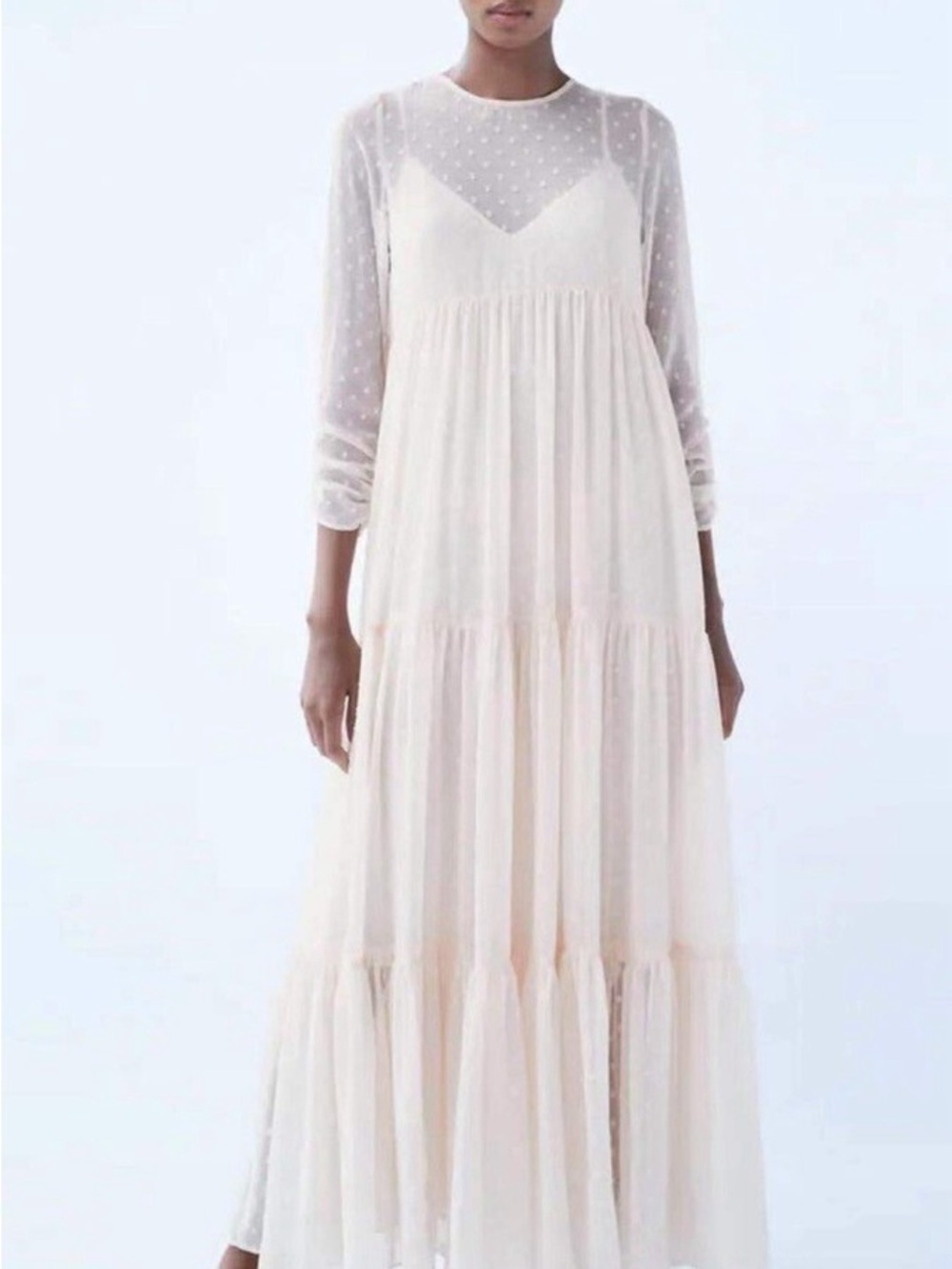 Elegant Ivory Long-Sleeve Tiered Maxi Dress